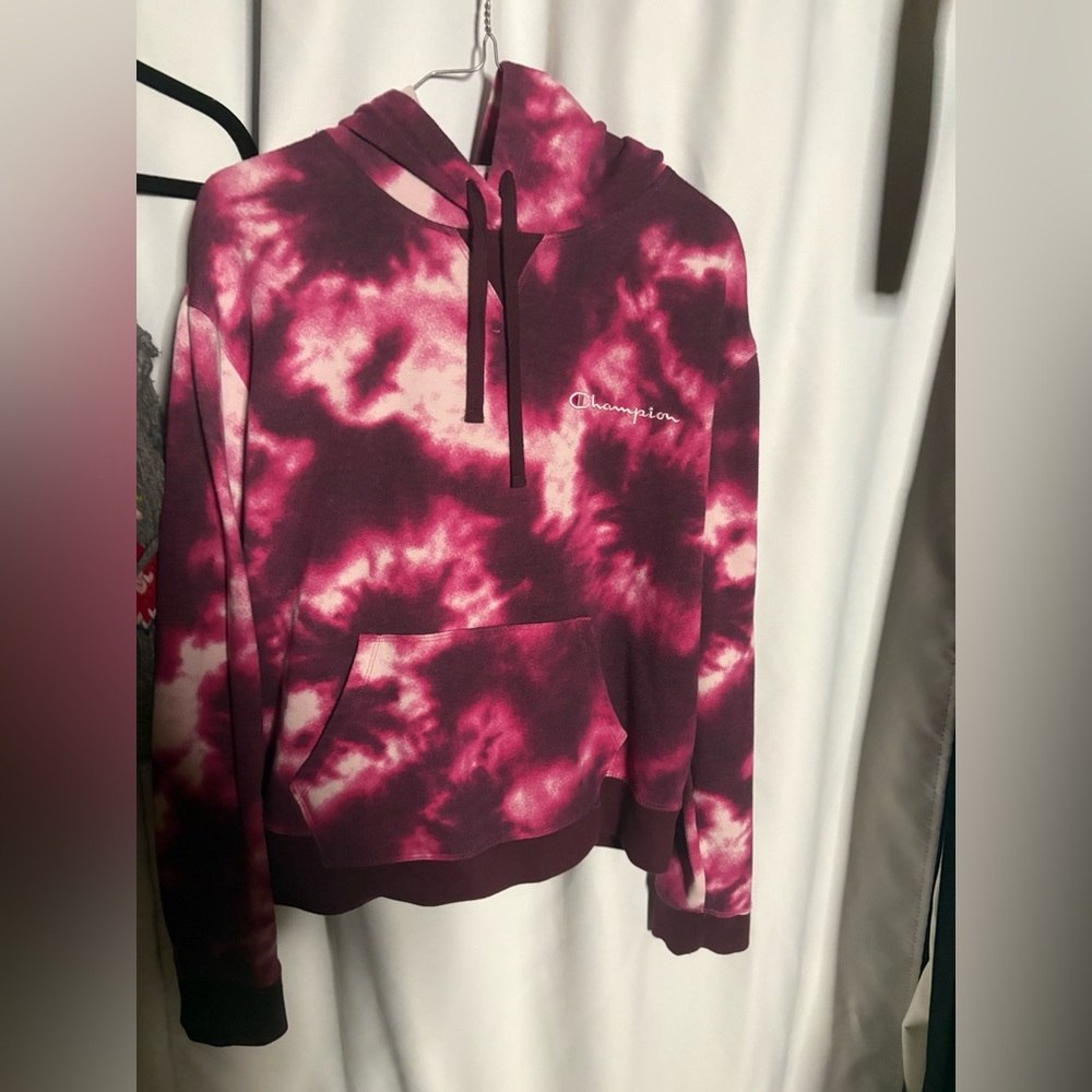 Champion Maroon and Pink Tie-Dye Hoodie